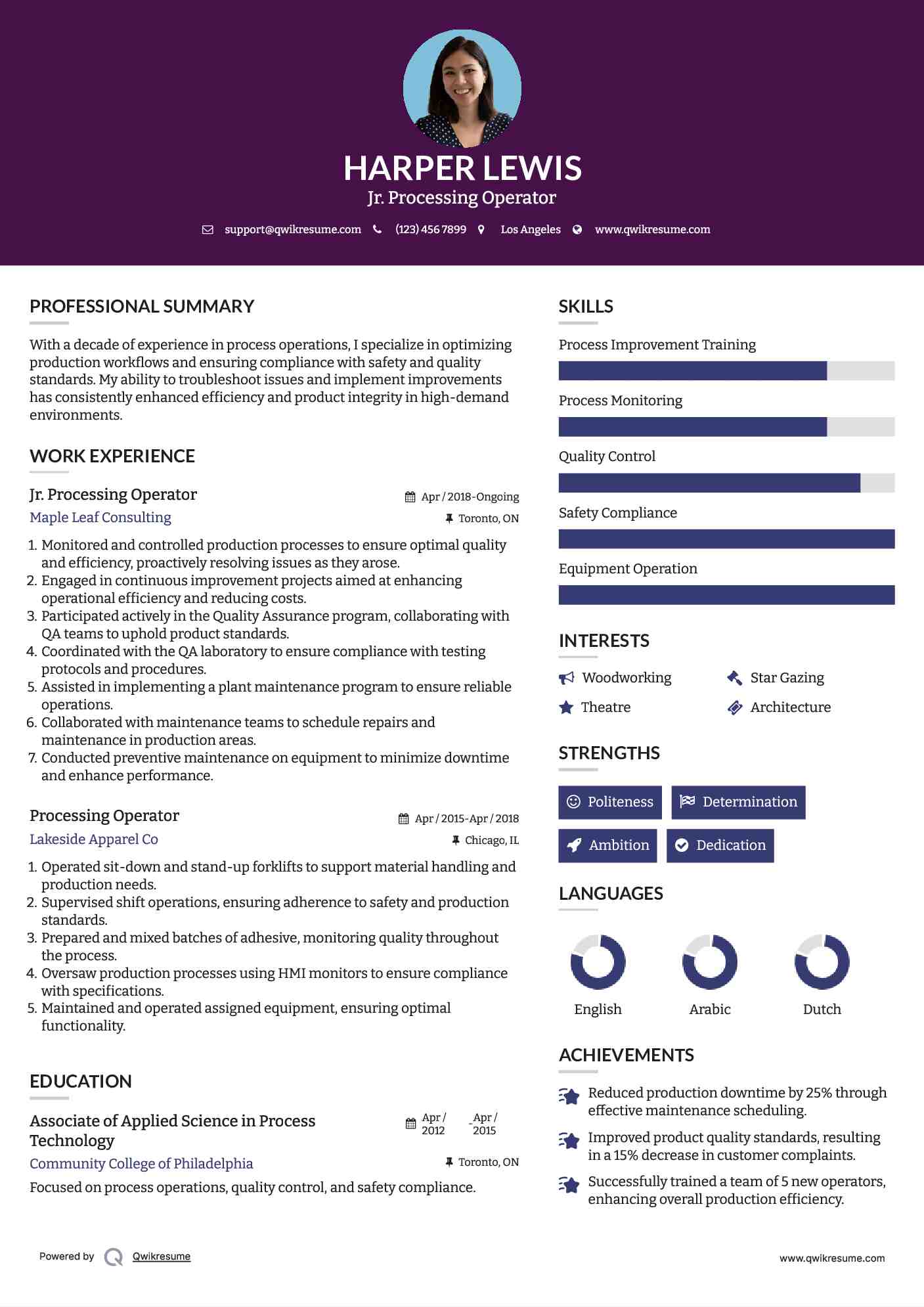 Jr. Processing Operator Resume Model
