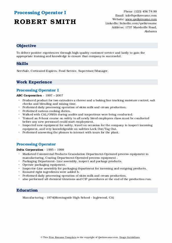 Processing Operator Resume Samples QwikResume