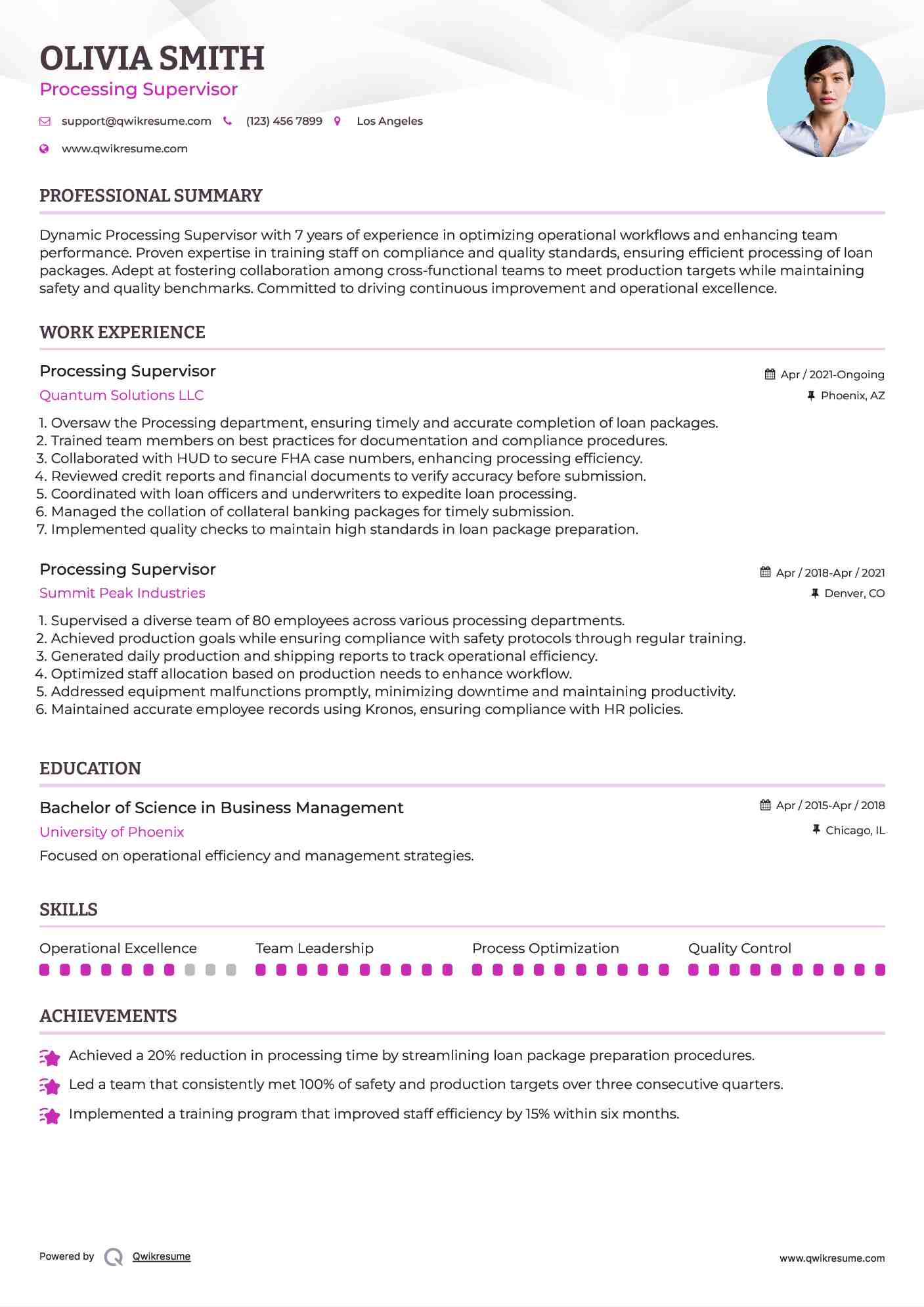 Processing Supervisor Resume Sample