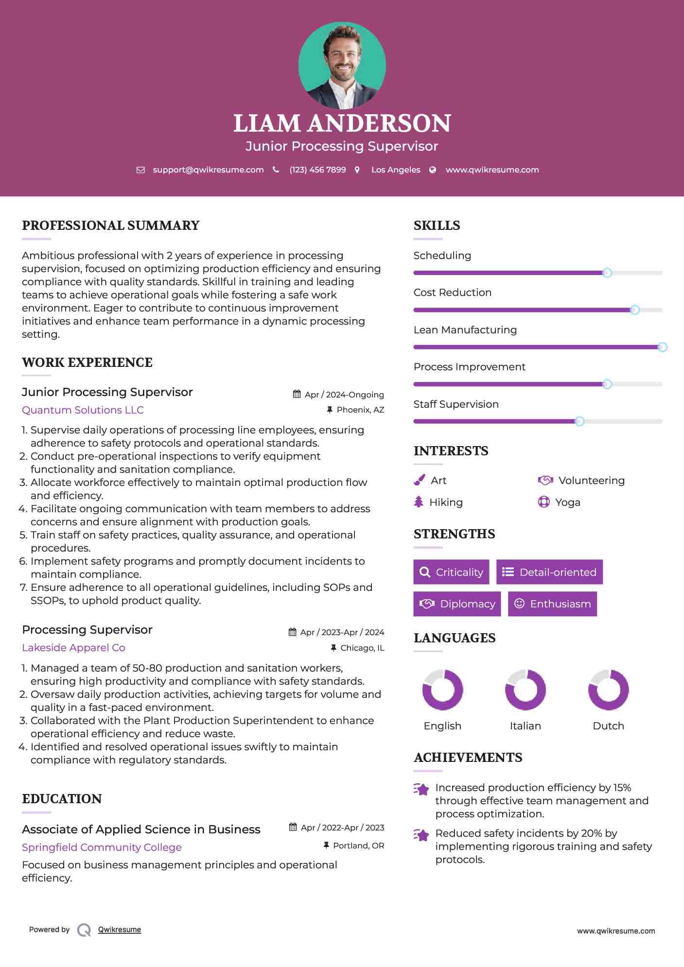 Junior Processing Supervisor Resume Format