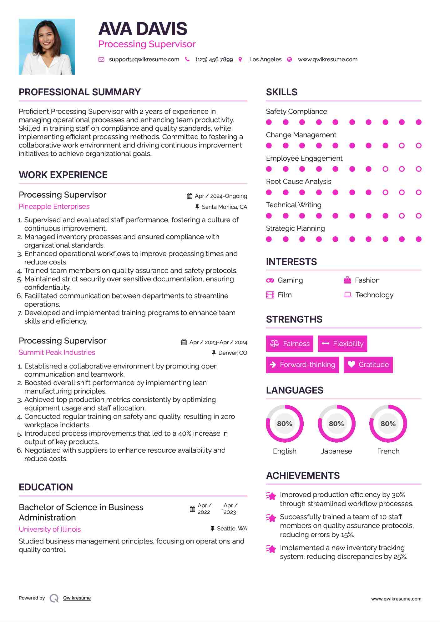 Processing Supervisor Resume Format
