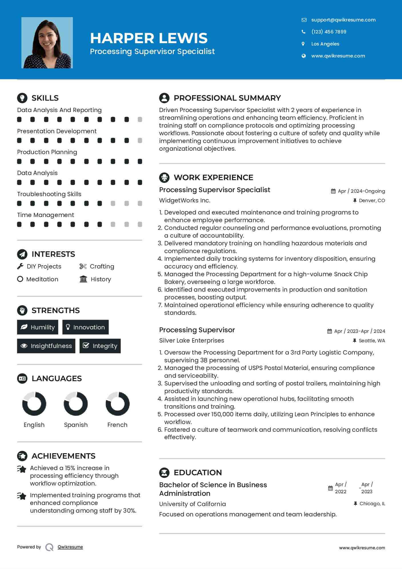Processing Supervisor Specialist Resume Template