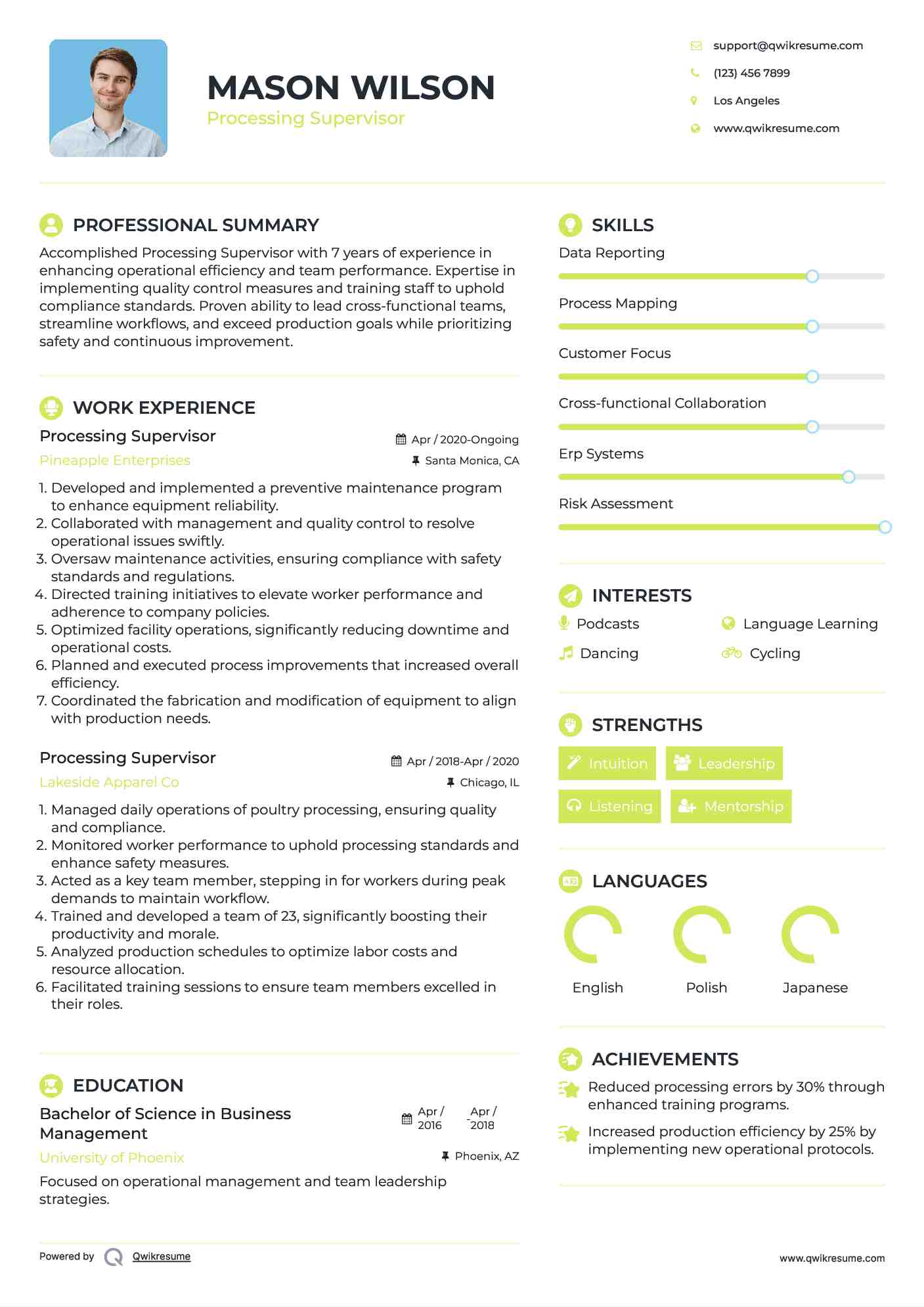 Processing Supervisor Resume Model