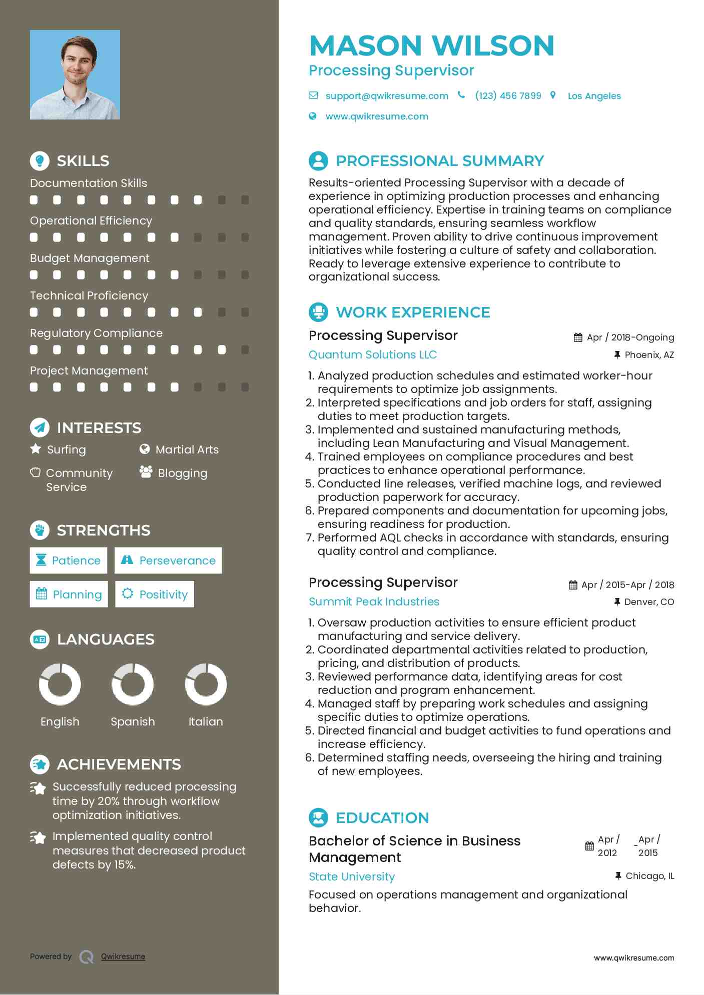 Processing Supervisor Resume Format