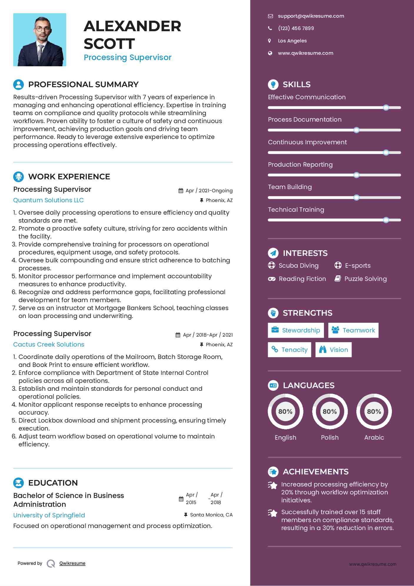 Processing Supervisor Resume Example