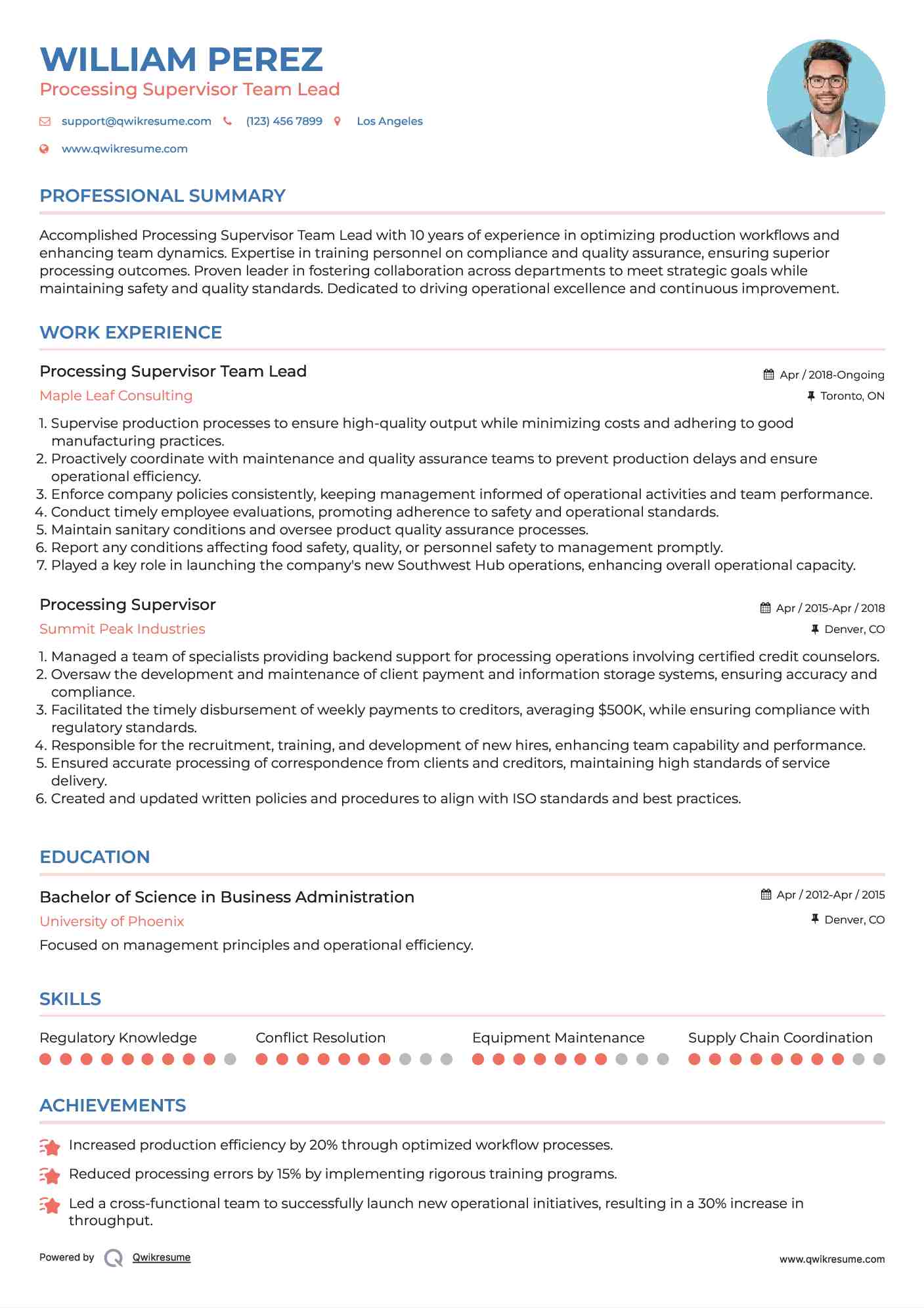 Processing Supervisor Team Lead Resume Format