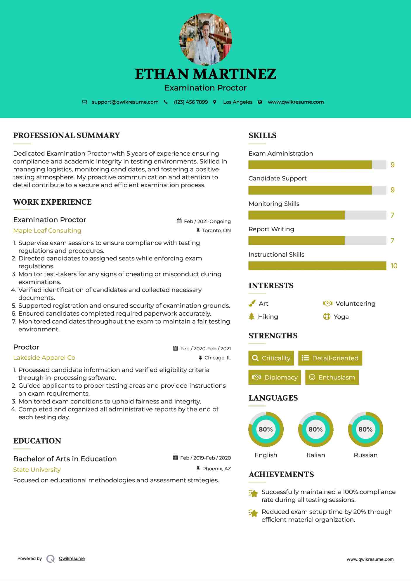 Examination Proctor Resume Example