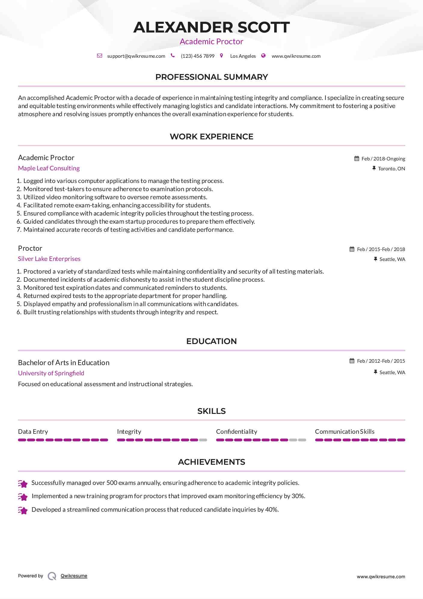 Academic Proctor Resume Example