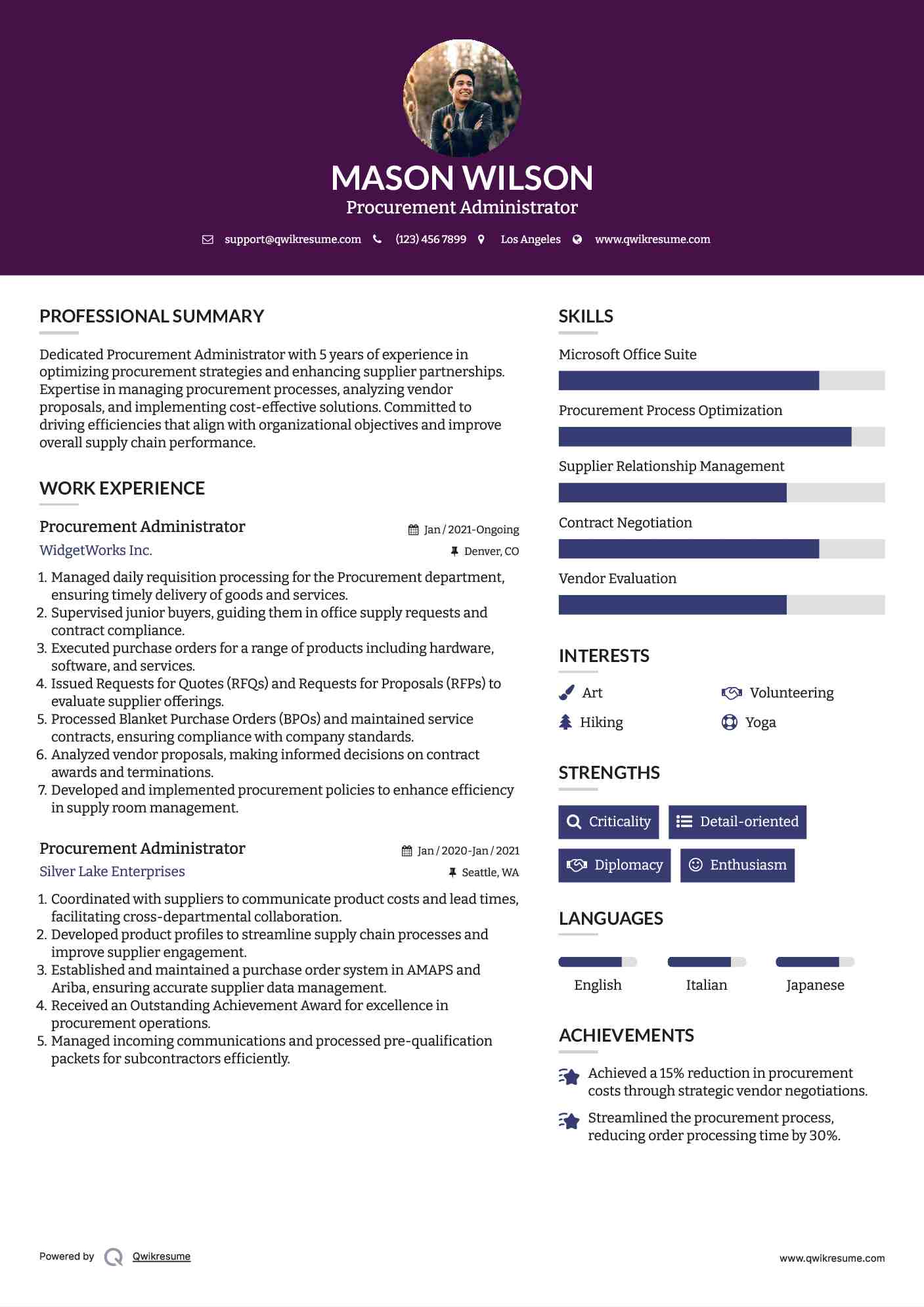 Procurement Administrator Resume Model