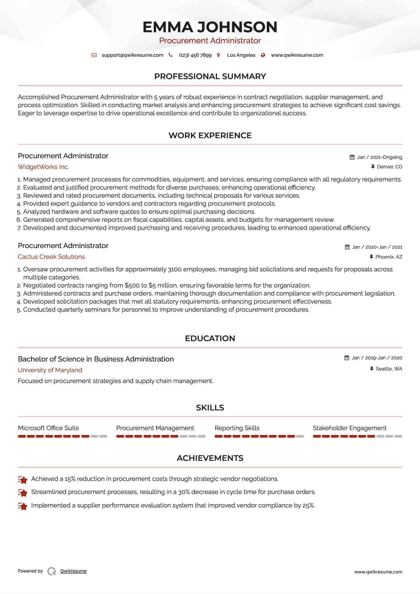Procurement Administrator Resume Model