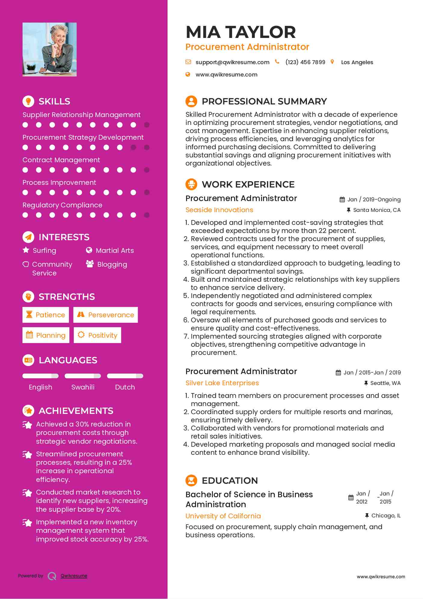 Procurement Administrator Resume Template