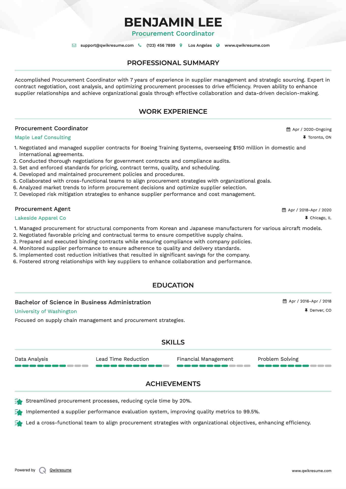 Procurement Coordinator Resume Sample