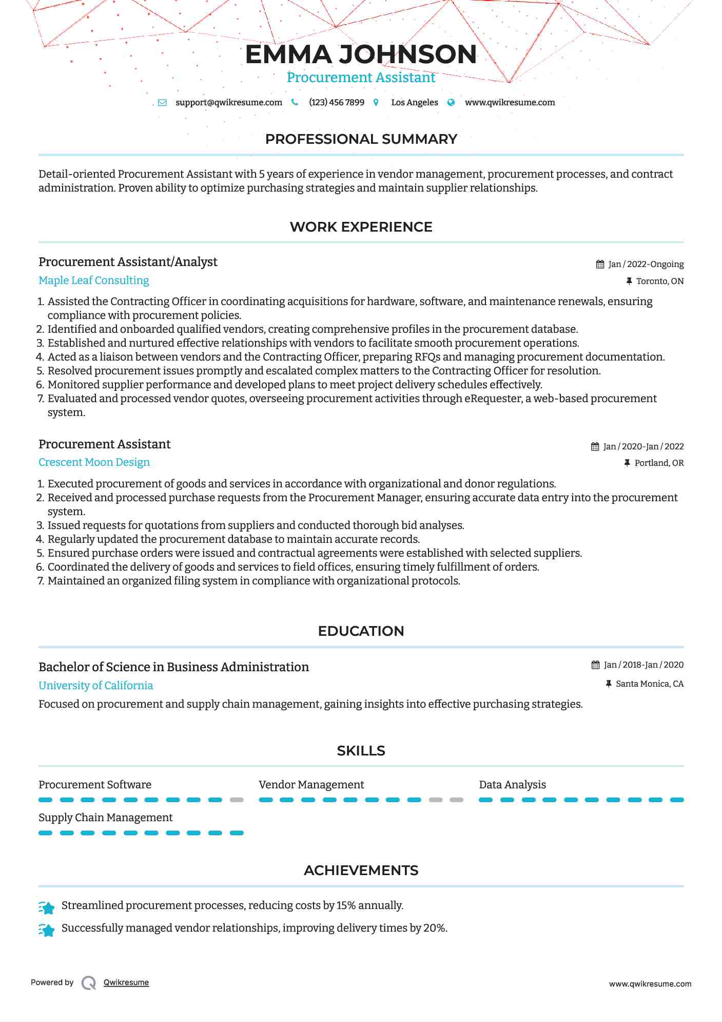 Procurement Assistant/Analyst Resume Format