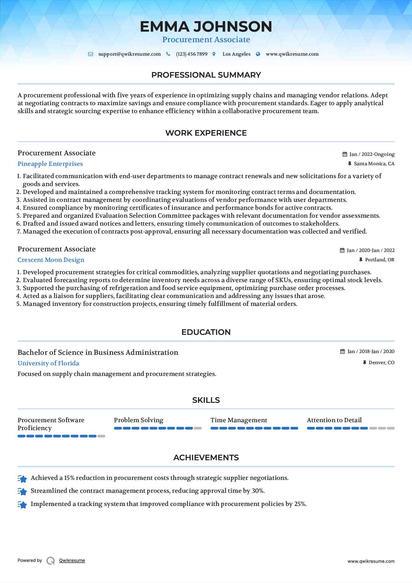 Procurement Associate Resume Sample
