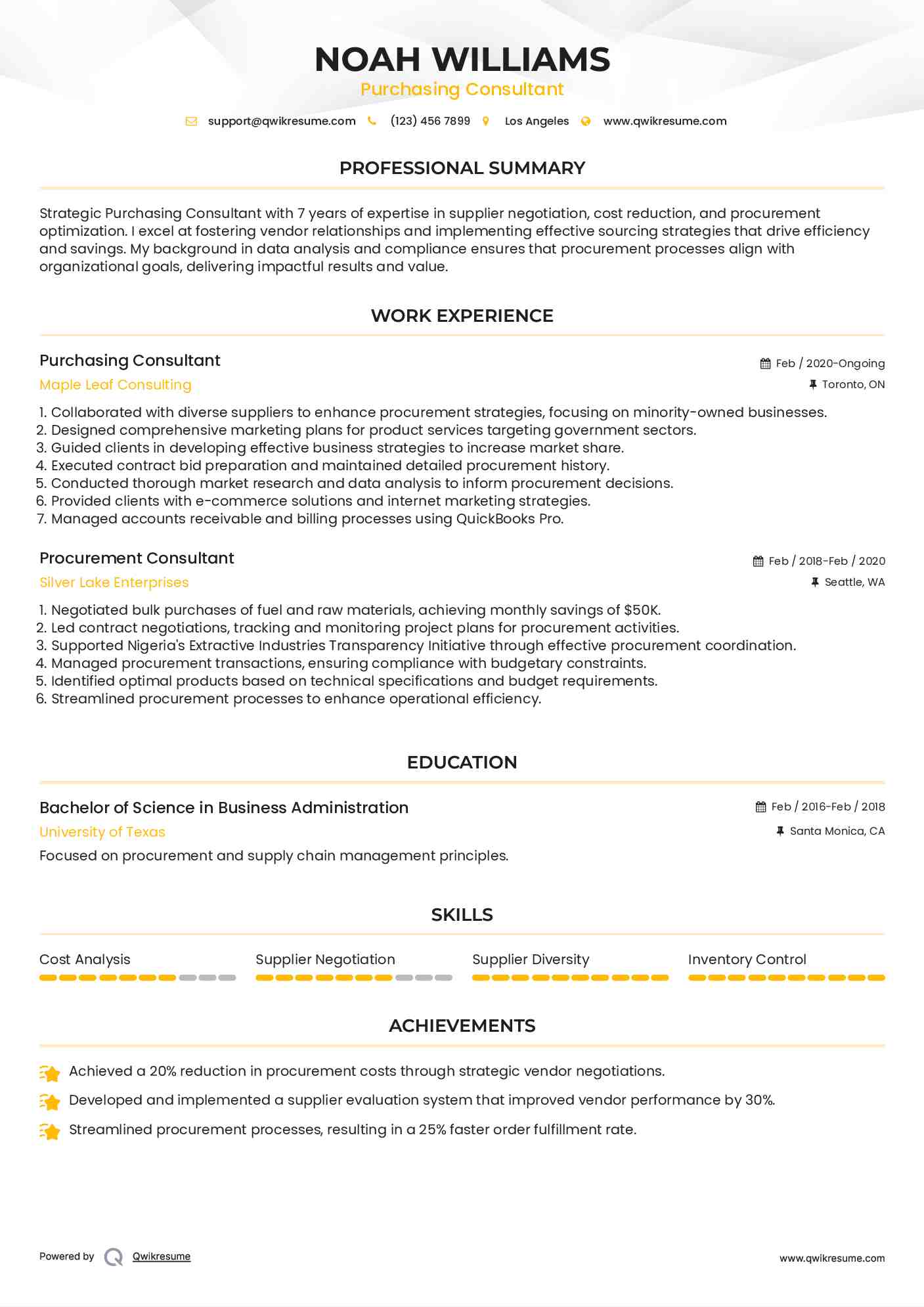 Purchasing Consultant Resume Format