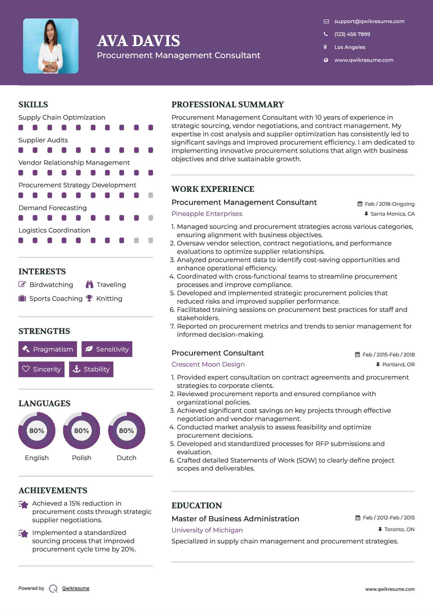 Procurement Management Consultant Resume Model