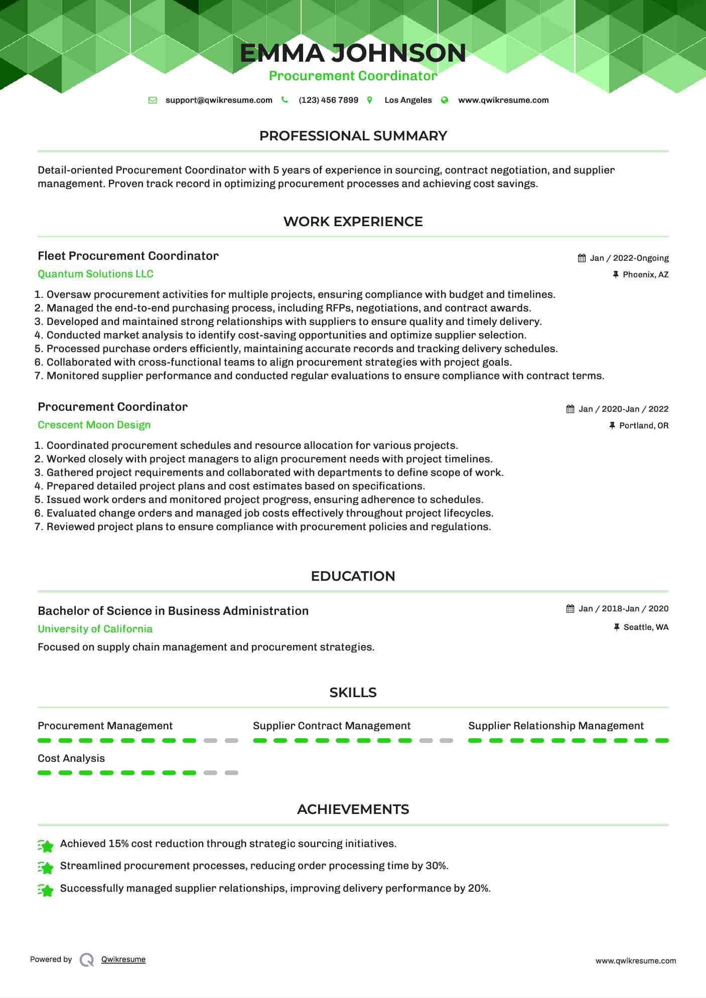 Fleet Procurement Coordinator Resume Model