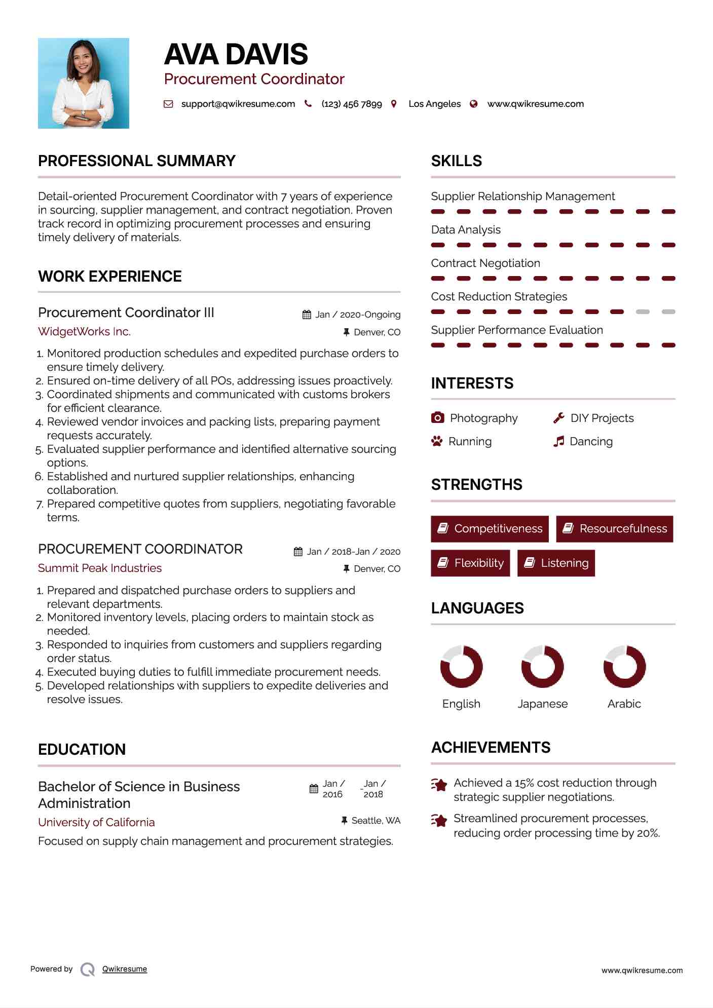 Procurement Coordinator III Resume Example