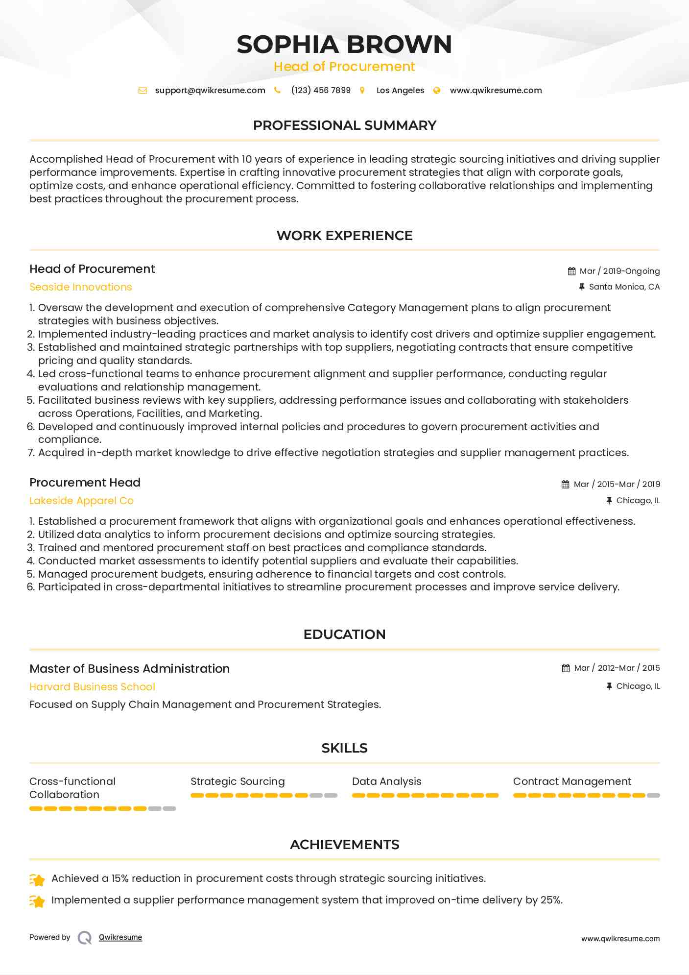 Head of Procurement

 Resume Template