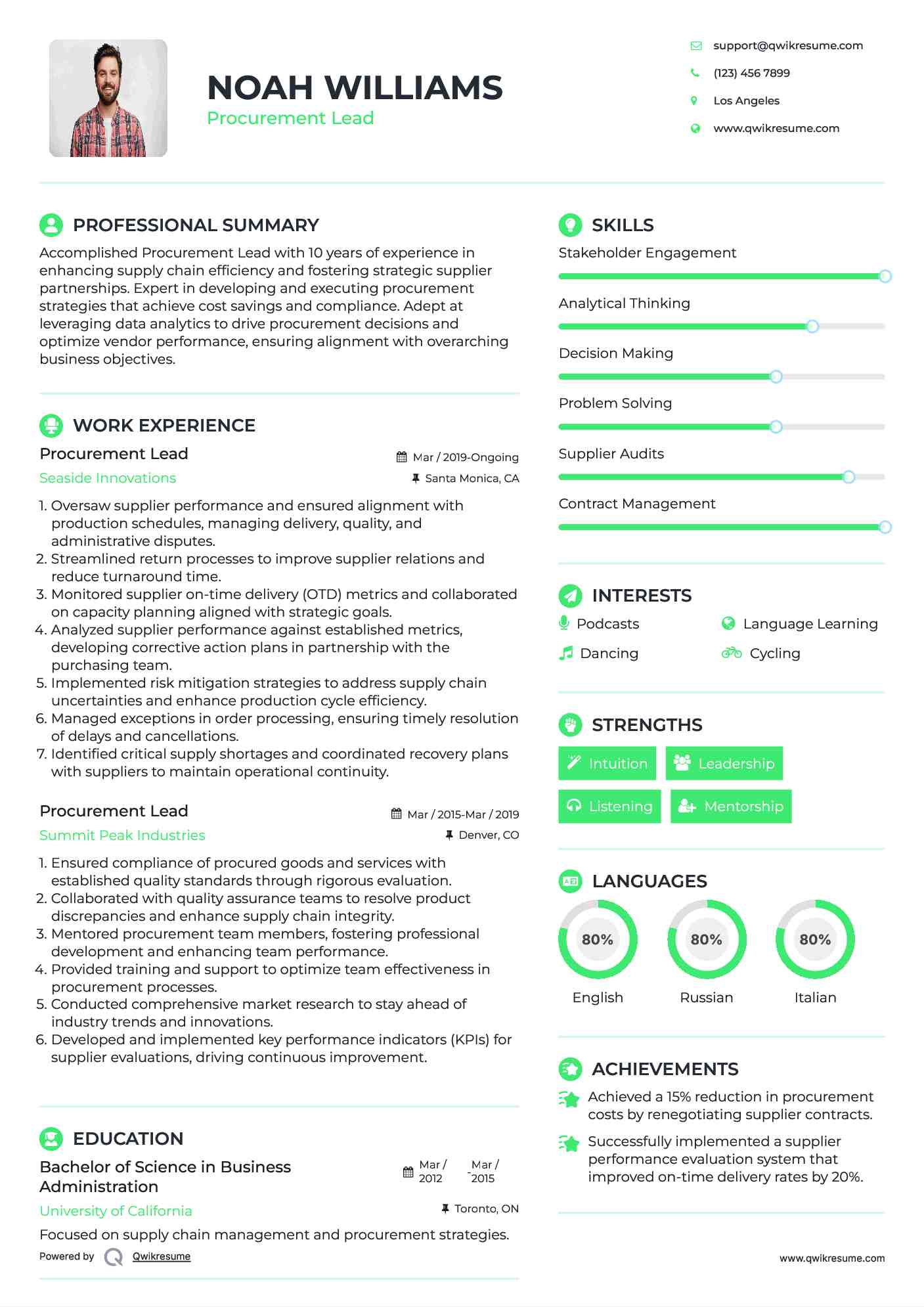 Procurement Lead Resume Example