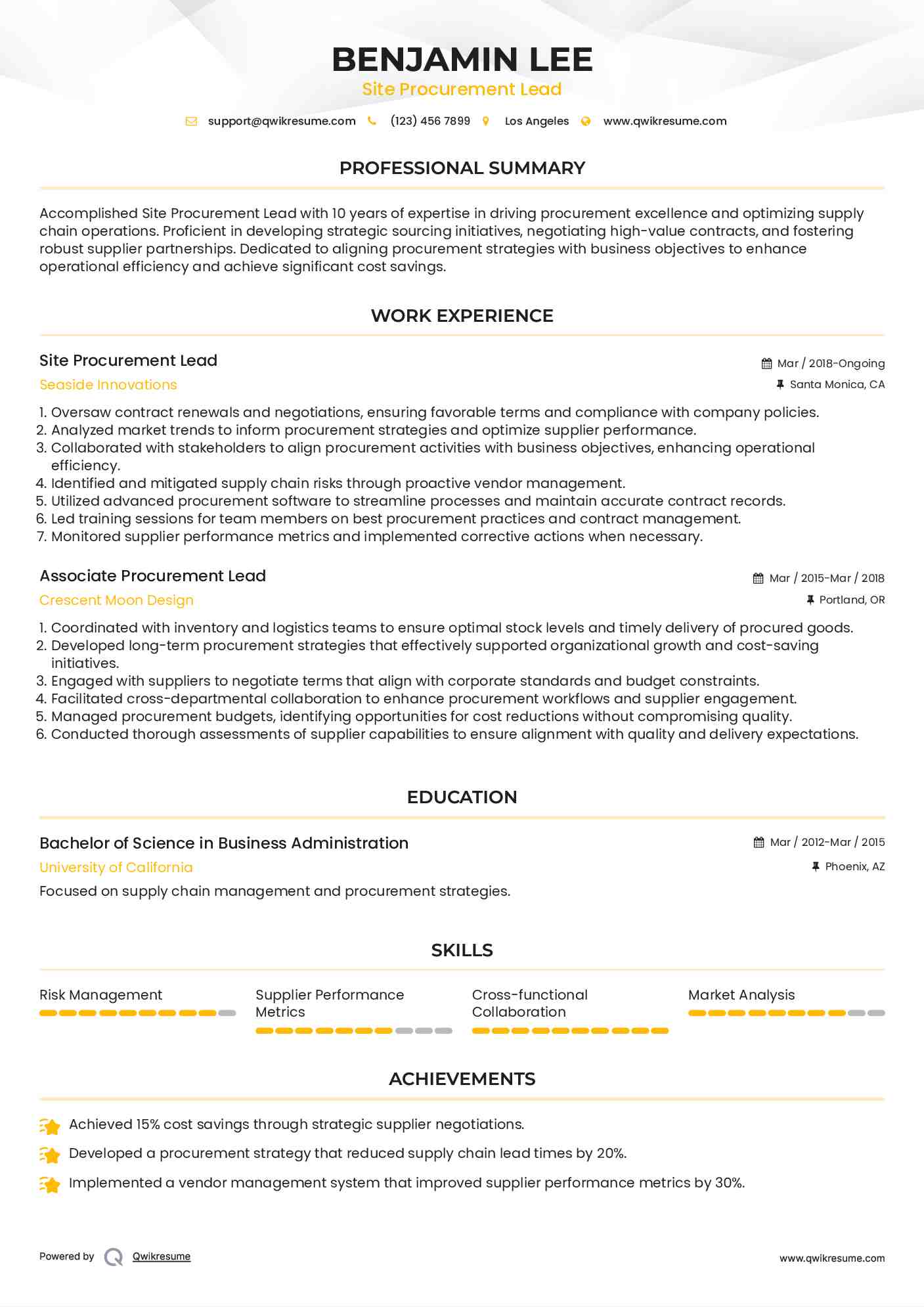 Site Procurement Lead
 Resume Sample