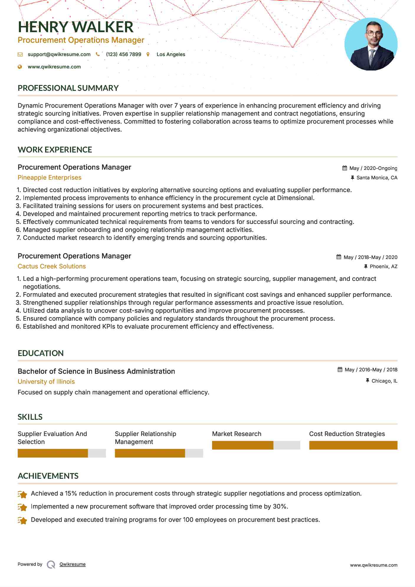 Procurement Operations Manager Resume Sample