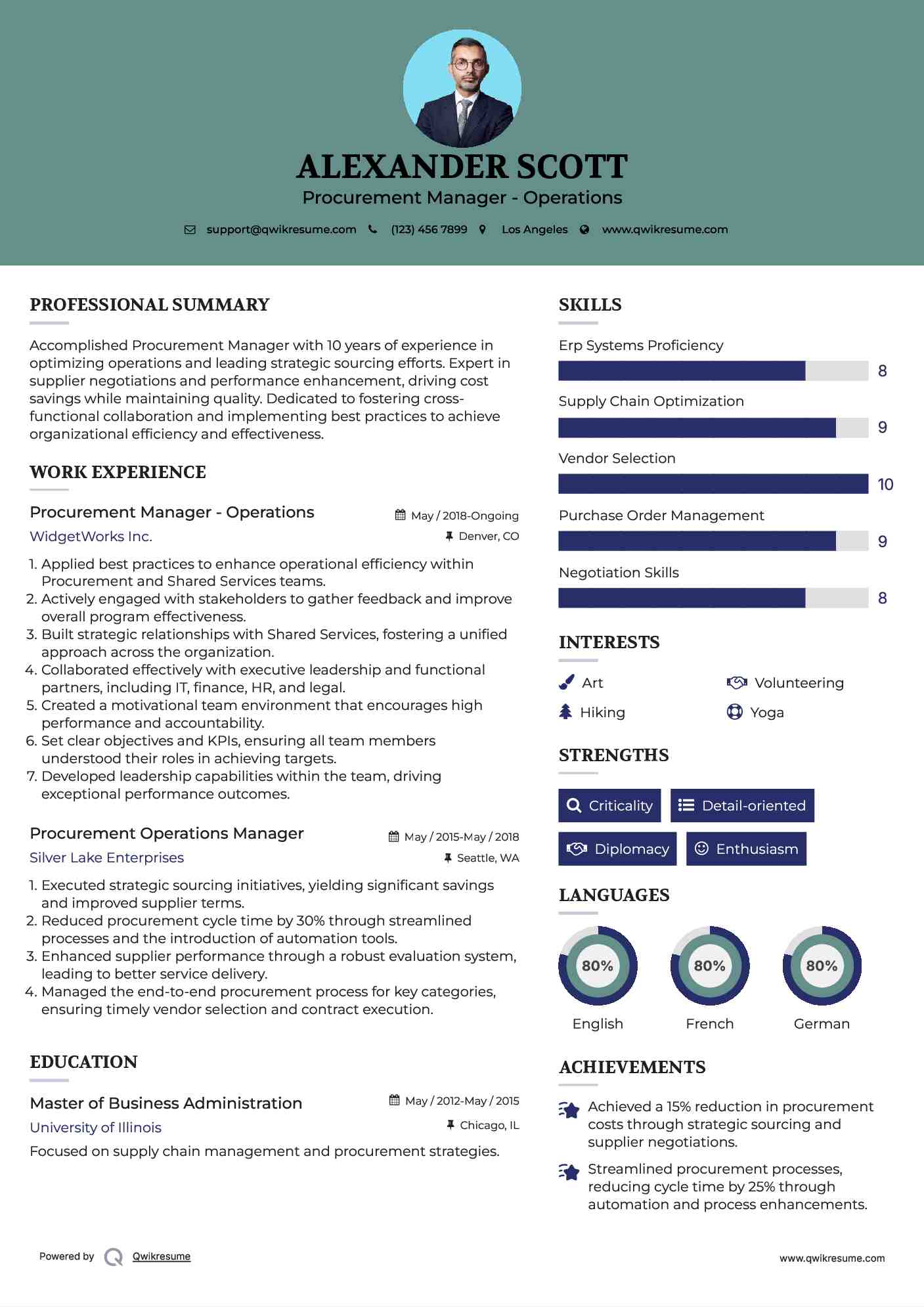 Procurement Manager - Operations Resume Format