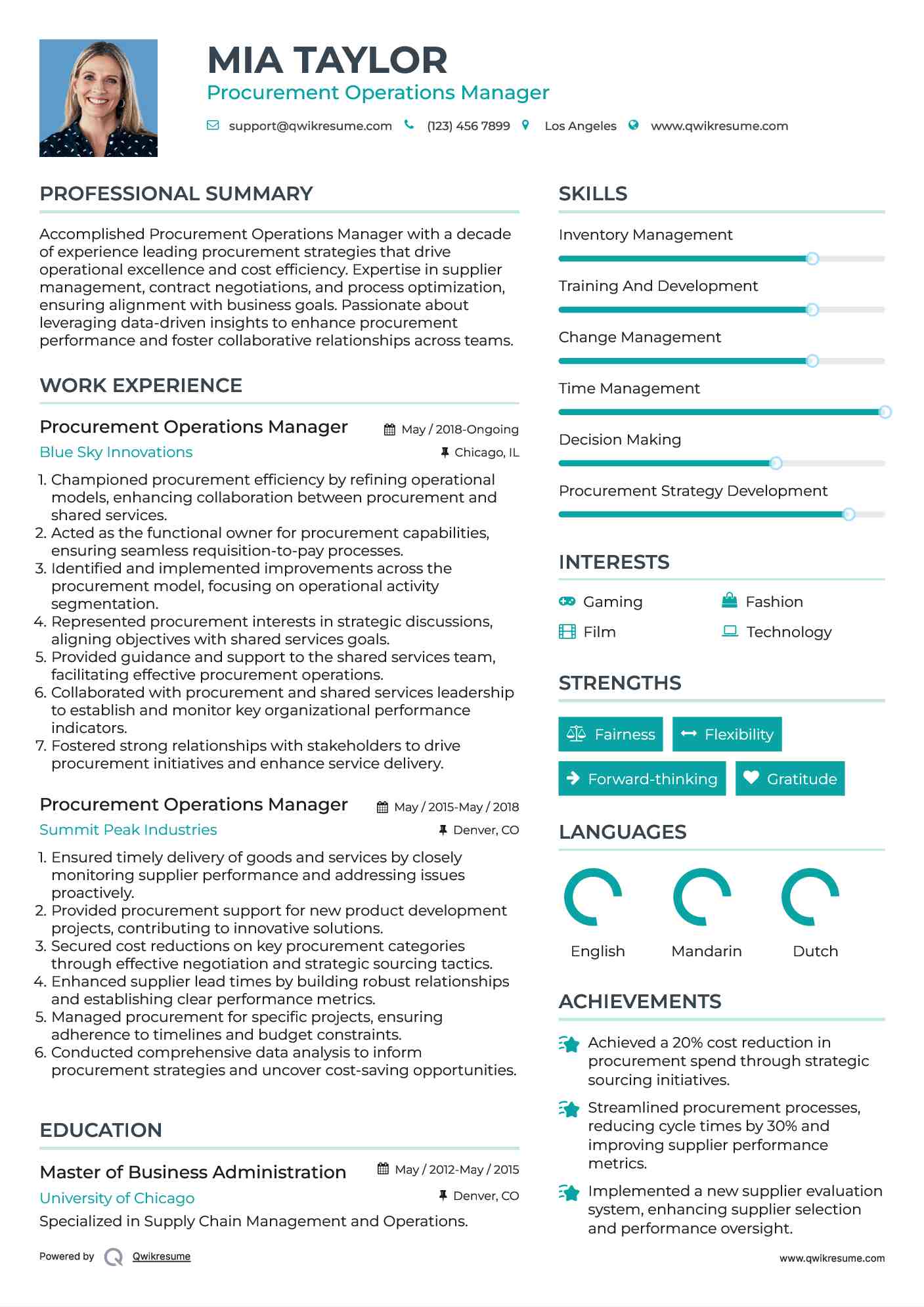 Procurement Operations Manager Resume Format