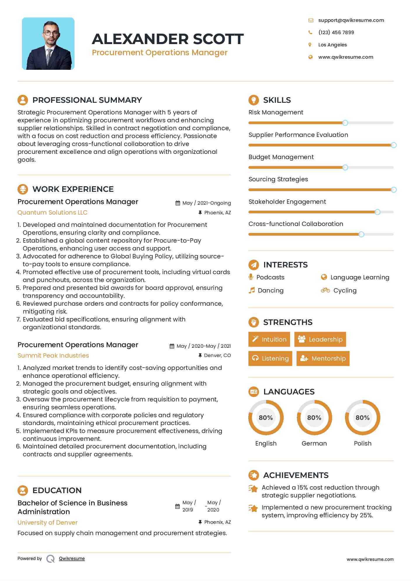 Procurement Operations Manager Resume Model
