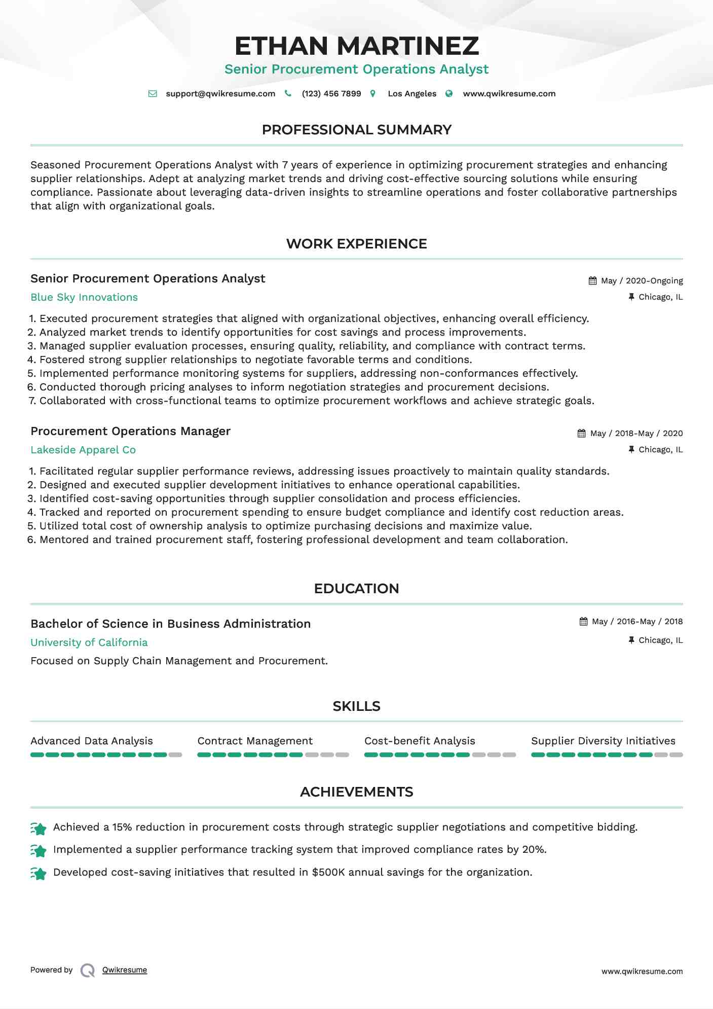Senior Procurement Operations Analyst Resume Example