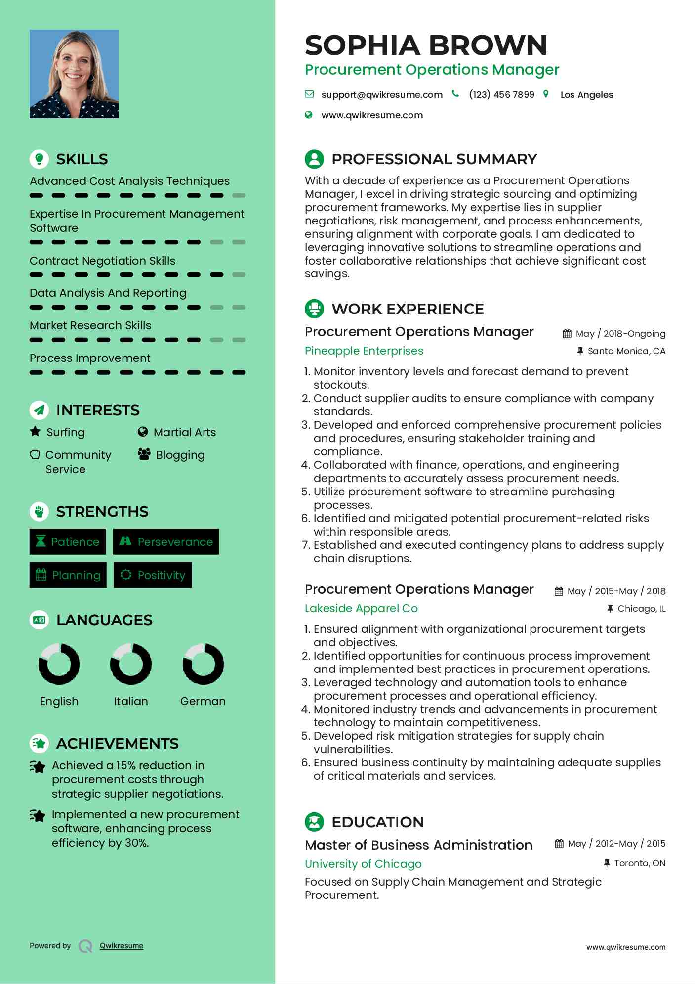 Procurement Operations Manager Resume Model