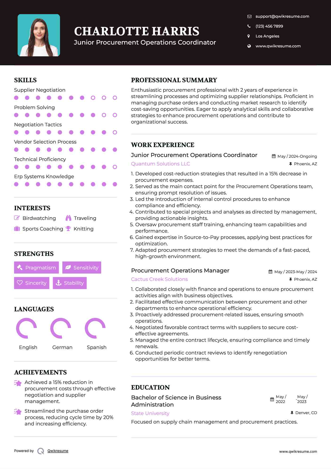 Junior Procurement Operations Coordinator Resume Format