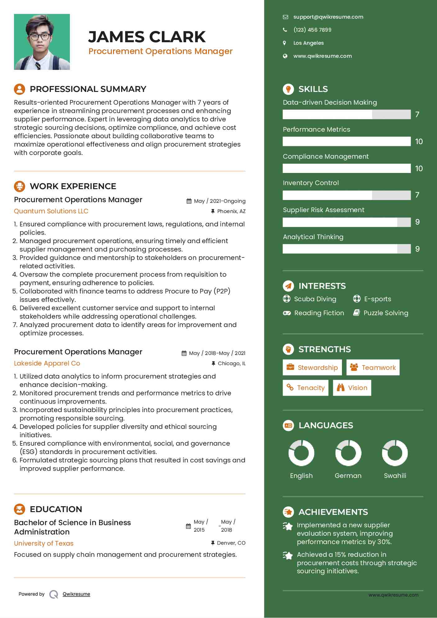 Procurement Operations Manager Resume Model
