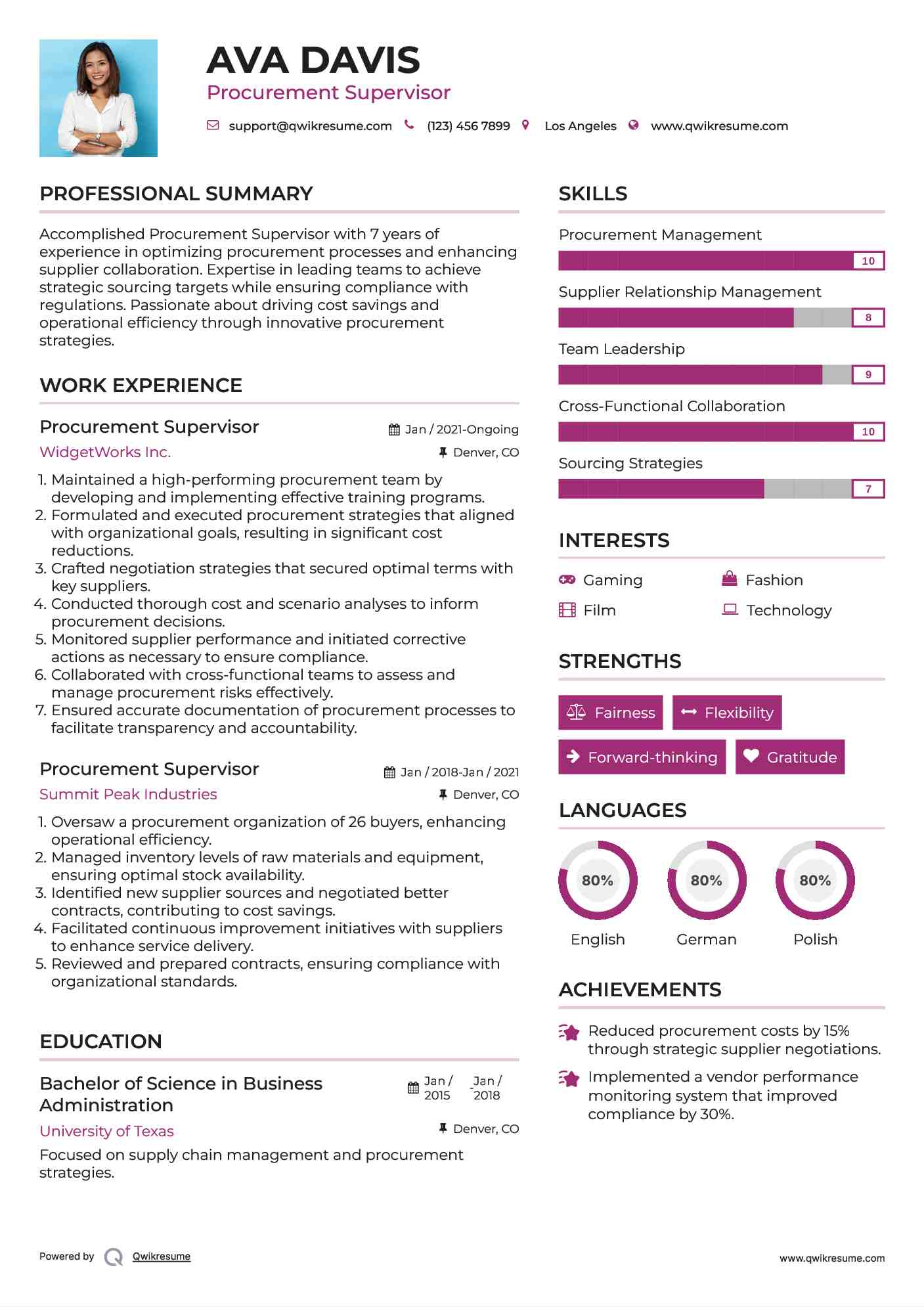 Procurement Supervisor Resume Example