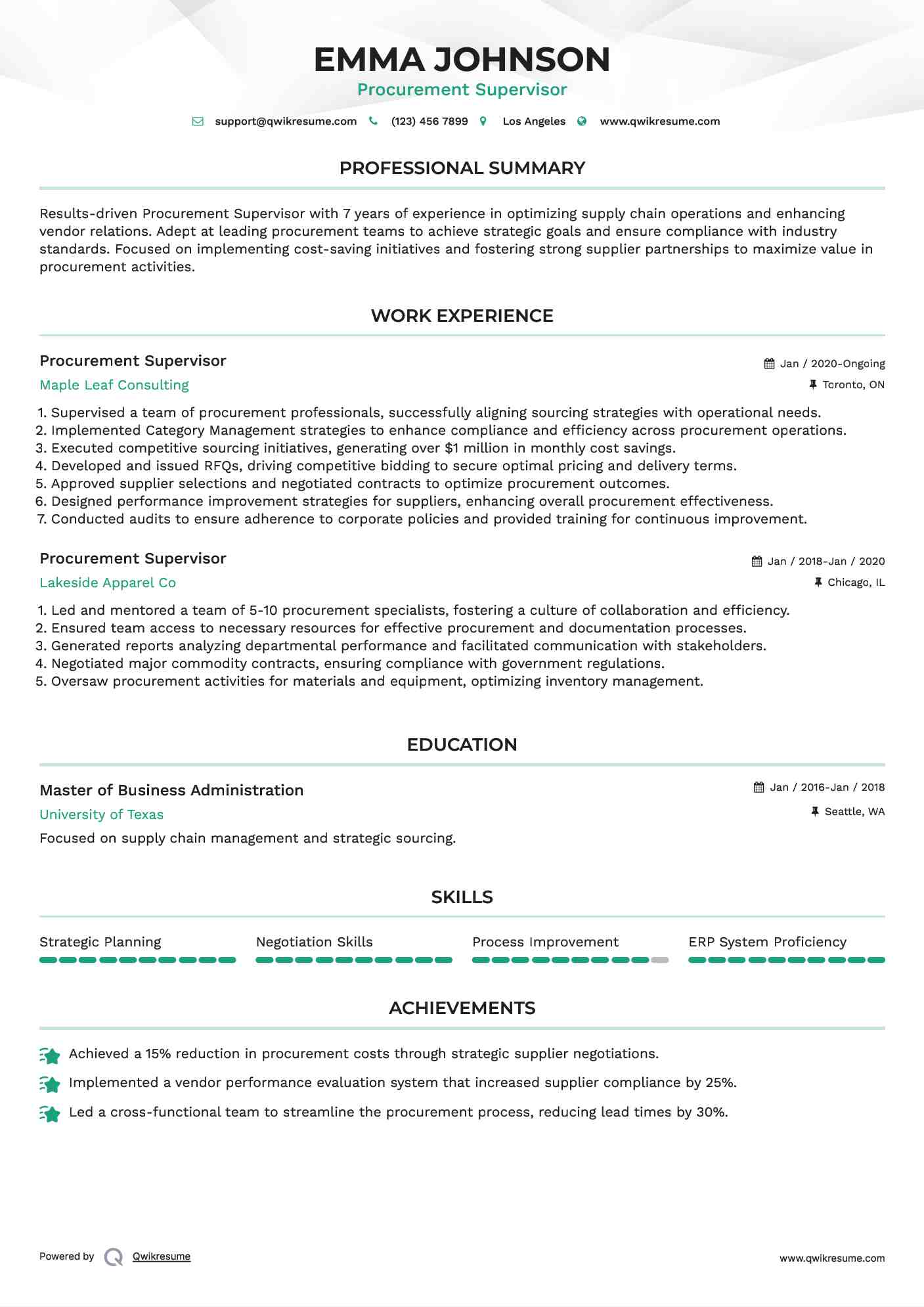 Procurement Supervisor Resume Template