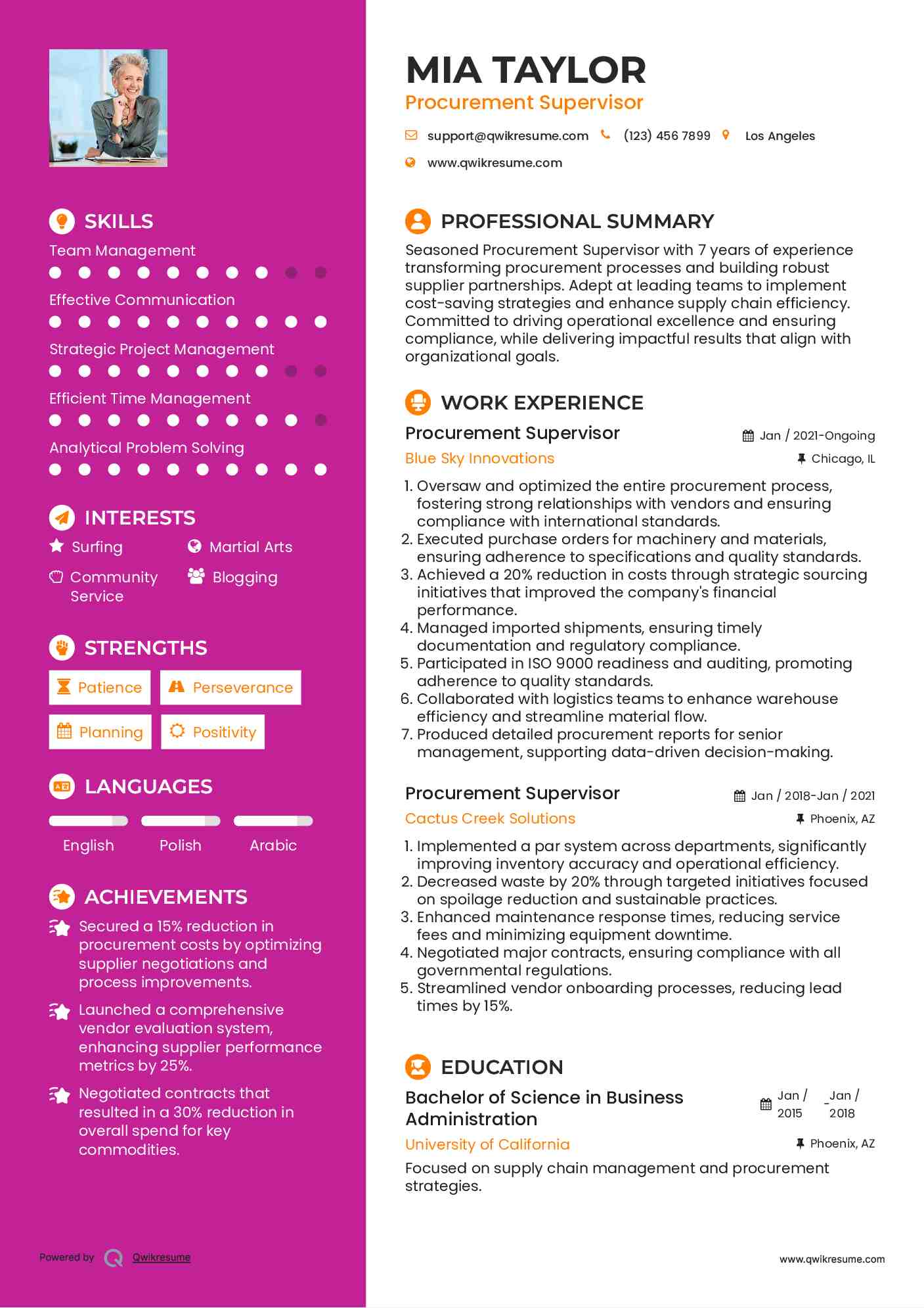 Procurement Supervisor Resume Example