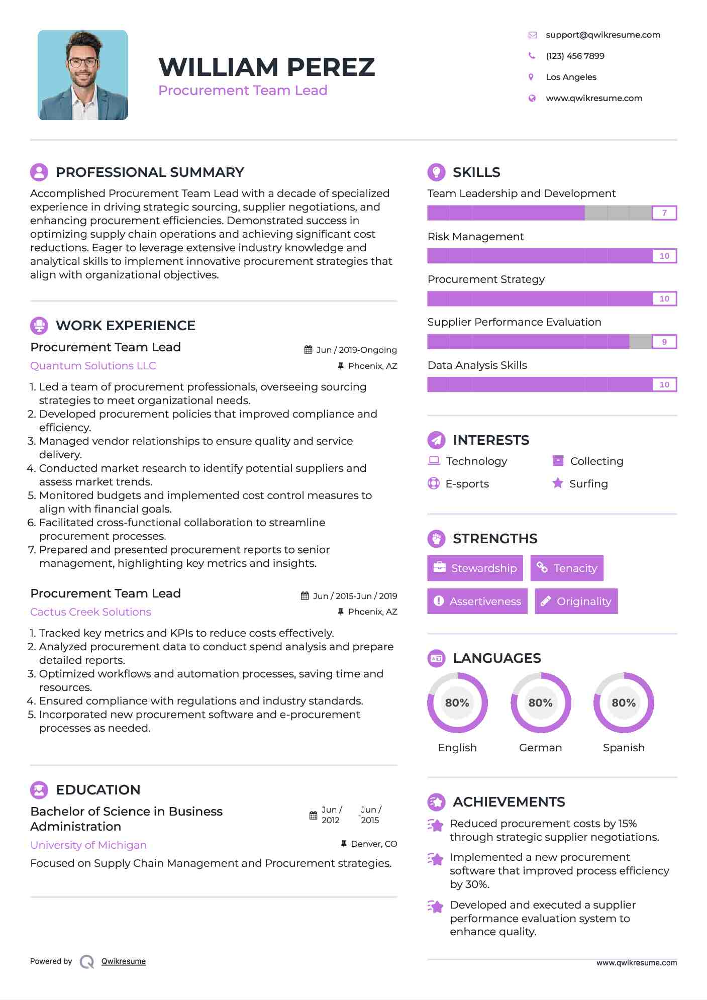 Procurement Team Lead Resume Sample