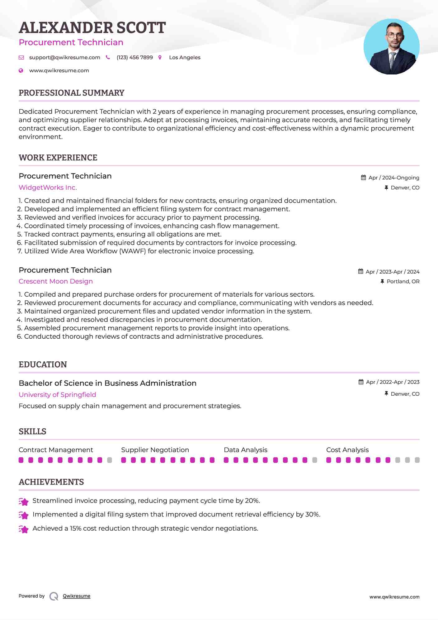 Procurement Technician Resume Model