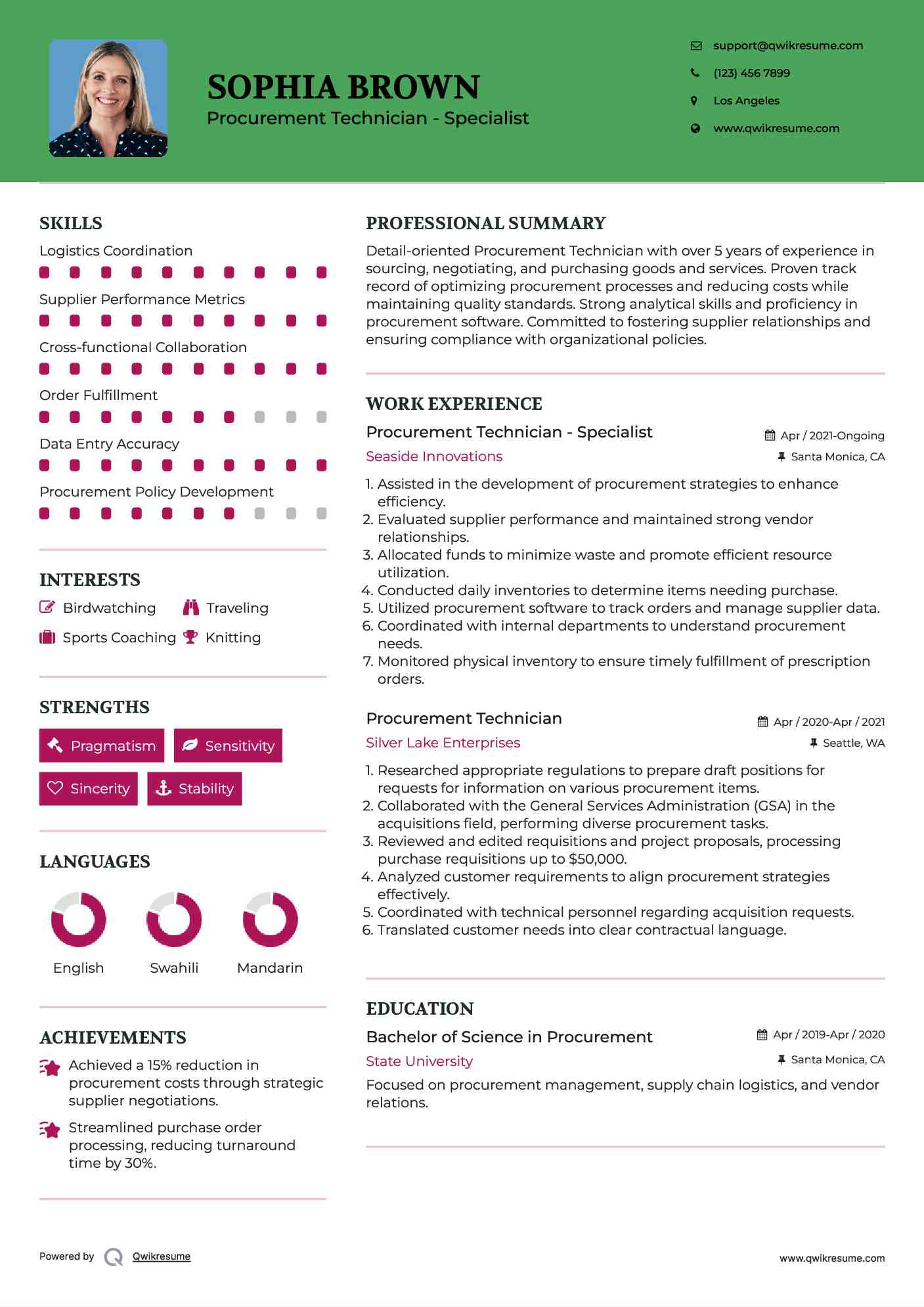 Procurement Technician - Specialist Resume Sample