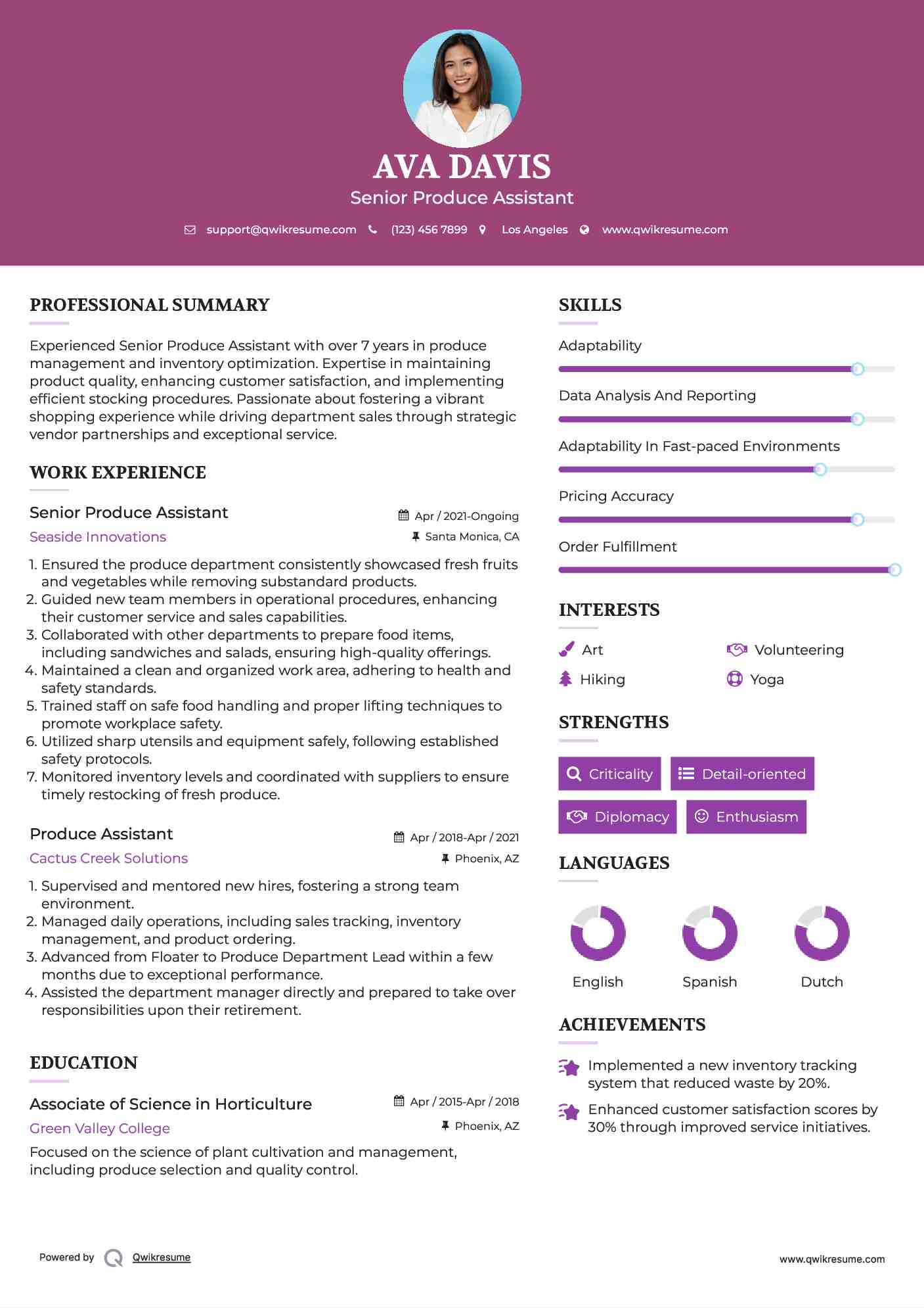 Senior Produce Assistant Resume Template