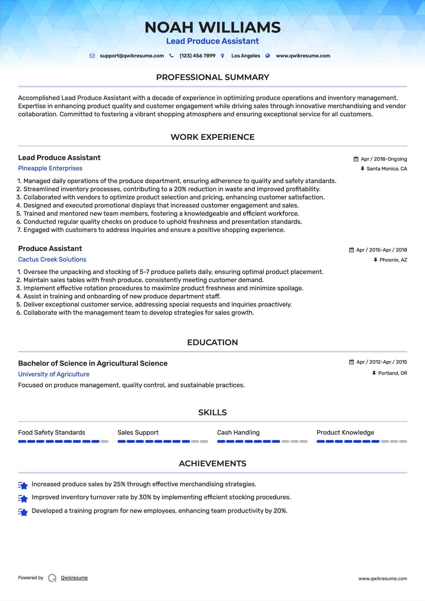 Lead Produce Assistant Resume Sample