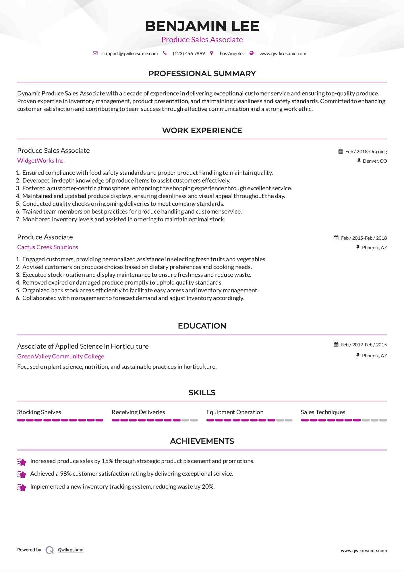 Produce Sales Associate Resume Template
