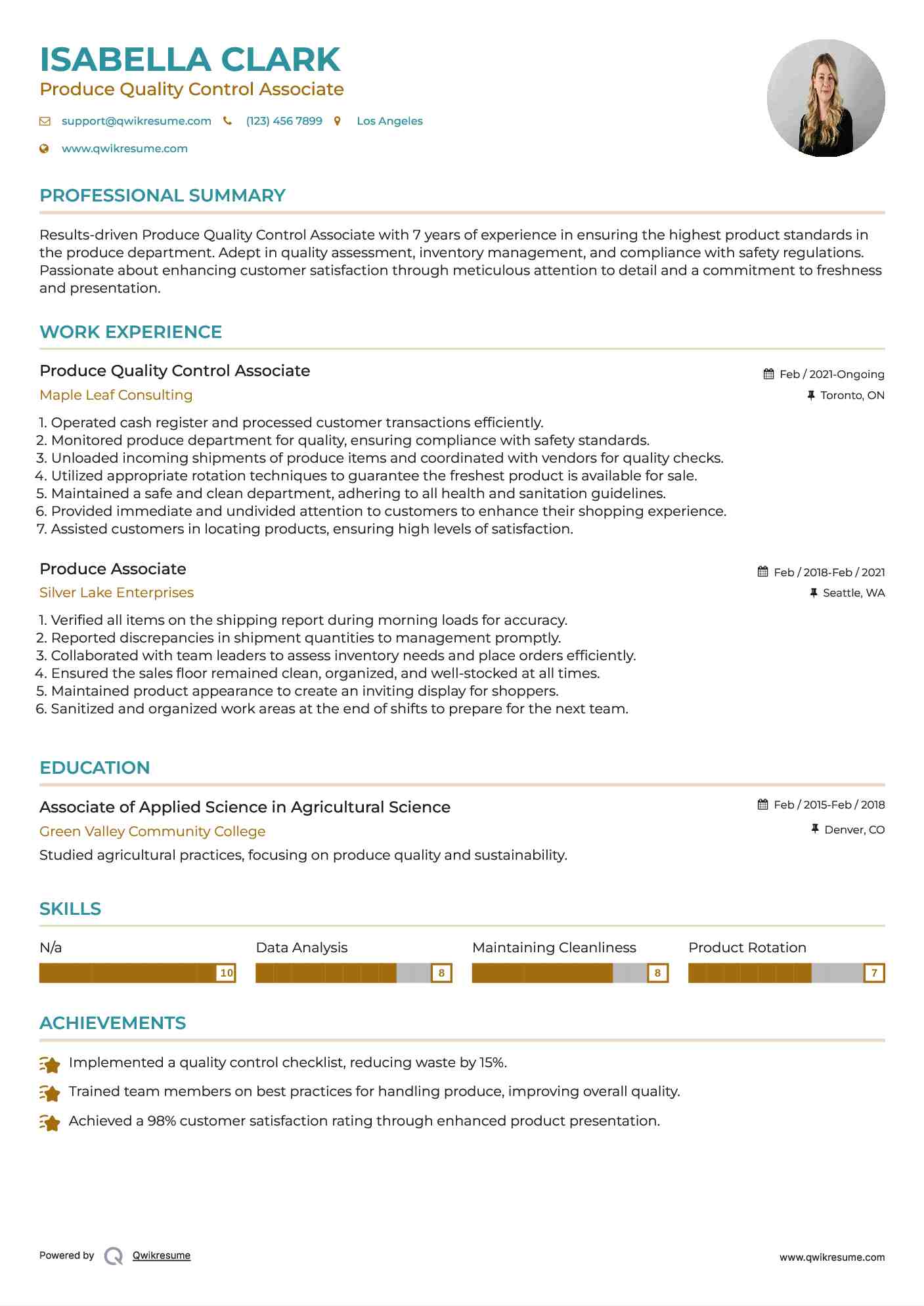 Produce Quality Control Associate Resume Format