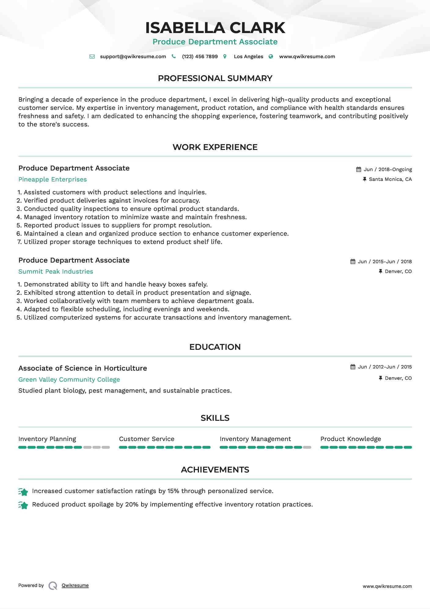 Produce Department Associate Resume Model