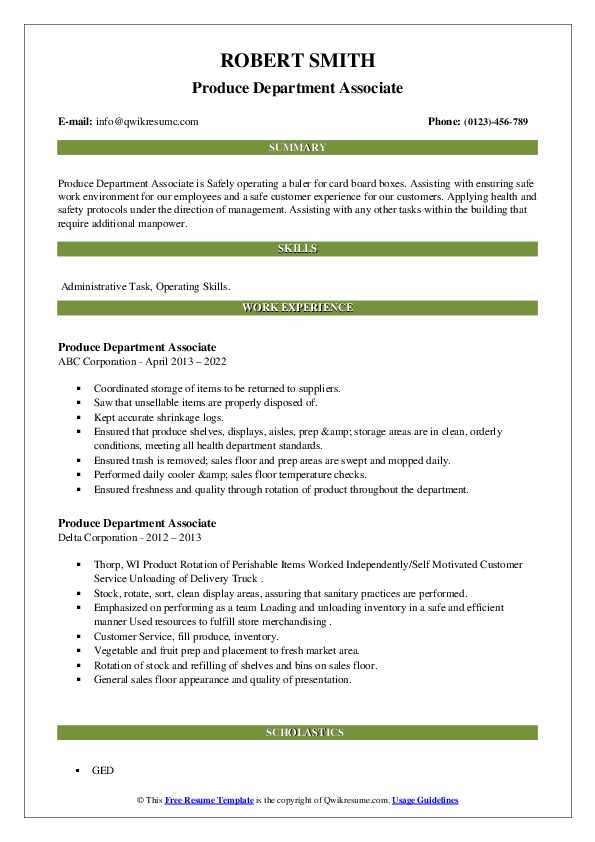 Produce Department Associate Resume Samples QwikResume