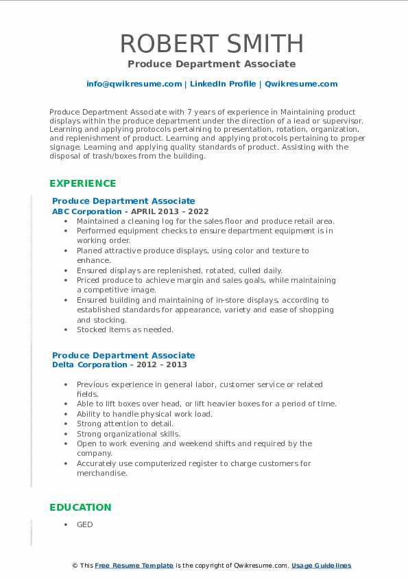 Produce Department Associate Resume Samples QwikResume