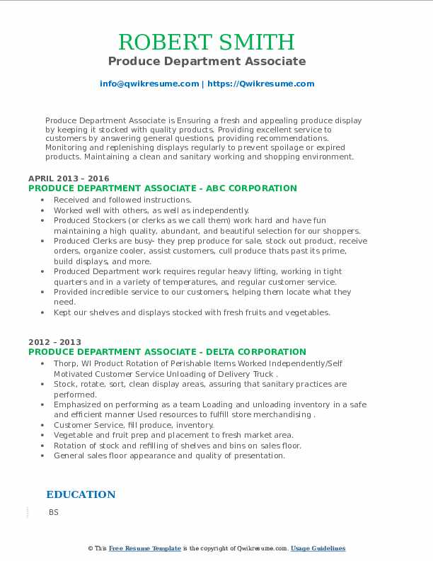 Produce Department Associate Resume Samples QwikResume