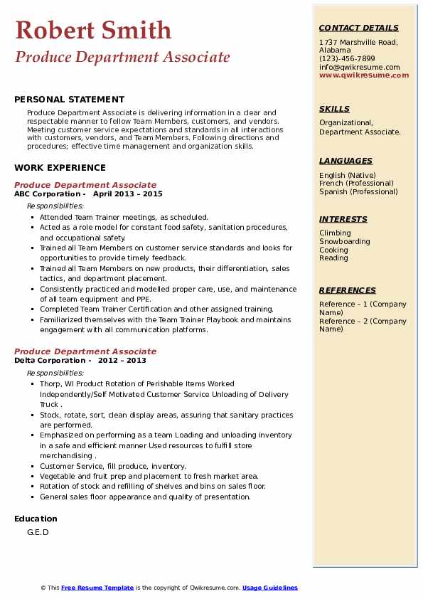 Produce Department Associate Resume Samples QwikResume