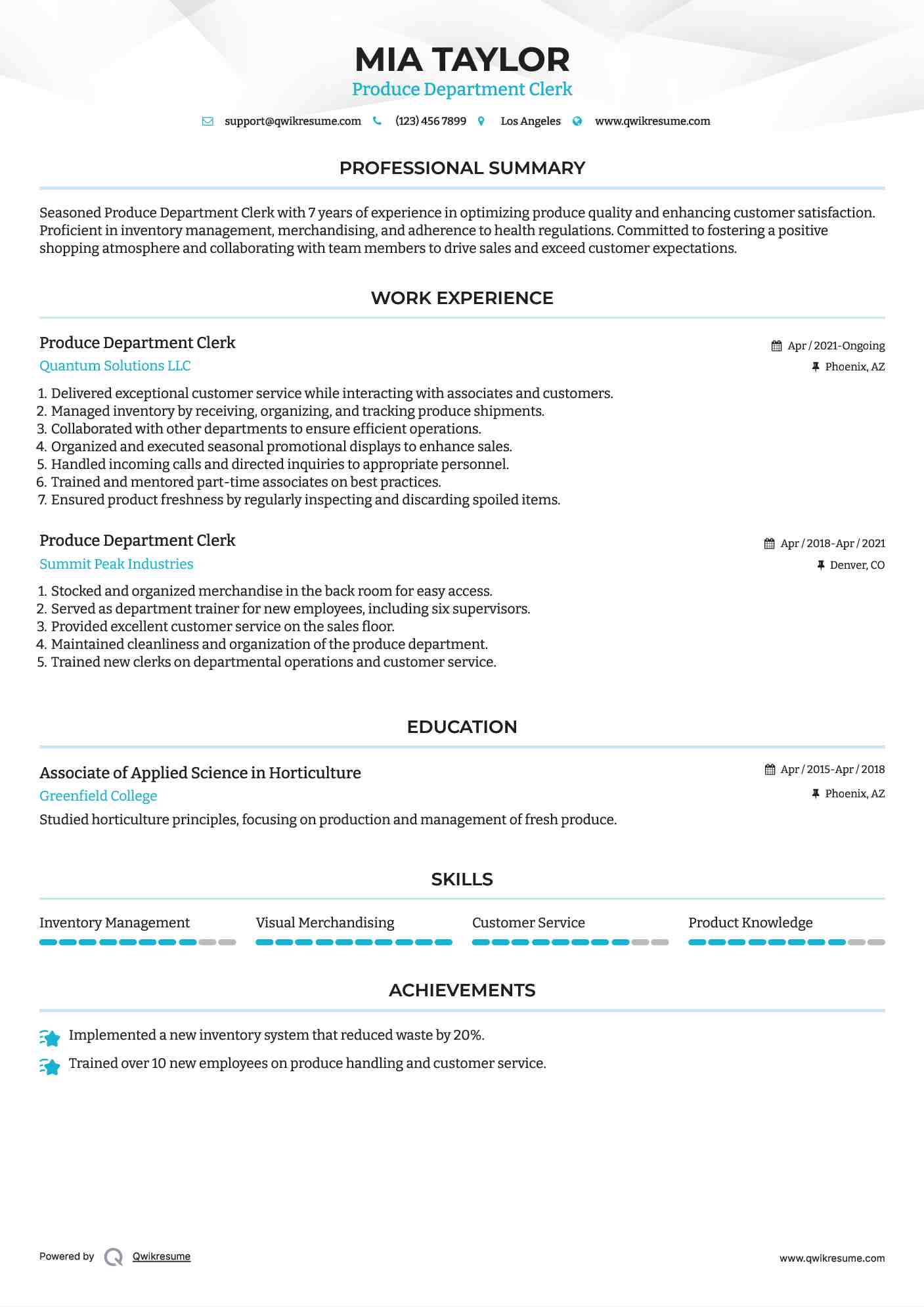 Produce Department Clerk Resume Template