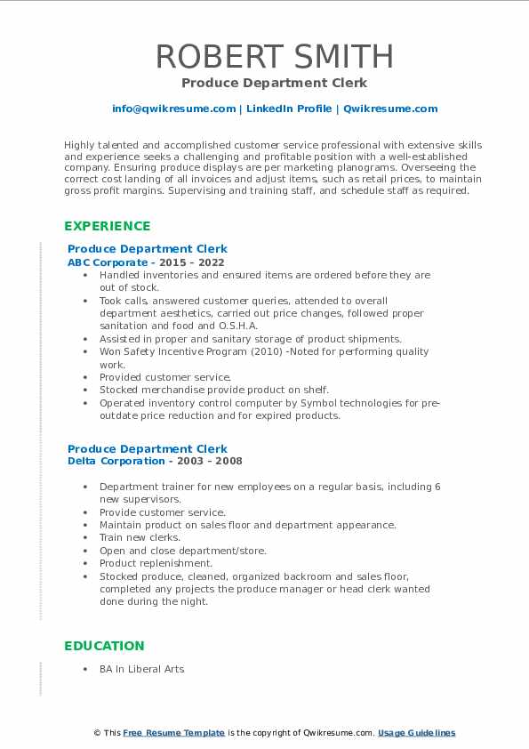 Produce Department Clerk Resume Samples QwikResume